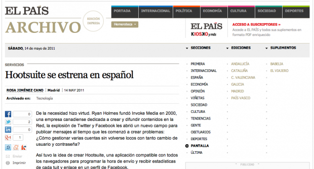 hoo's-hooting-spain El conocido periódico ‘El País’ usa HootSuite y le dedica un artículo tanto online como en papel