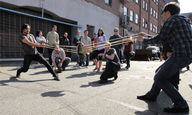 Epic melon slingshot in the back alley of HootSuite HQ