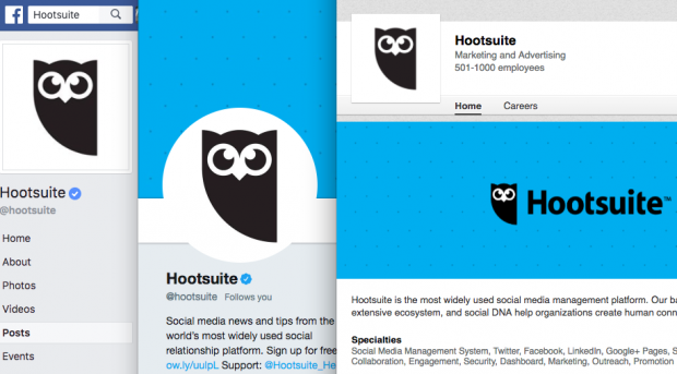 Hootsuite's Facebook, Twitter, and LinkedIn social media profiles all with the same logo