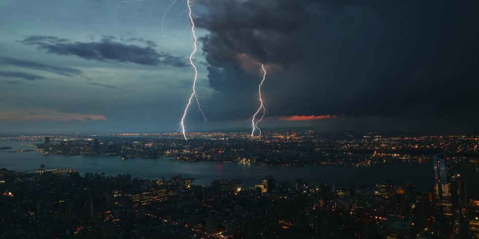lightening storm over a city