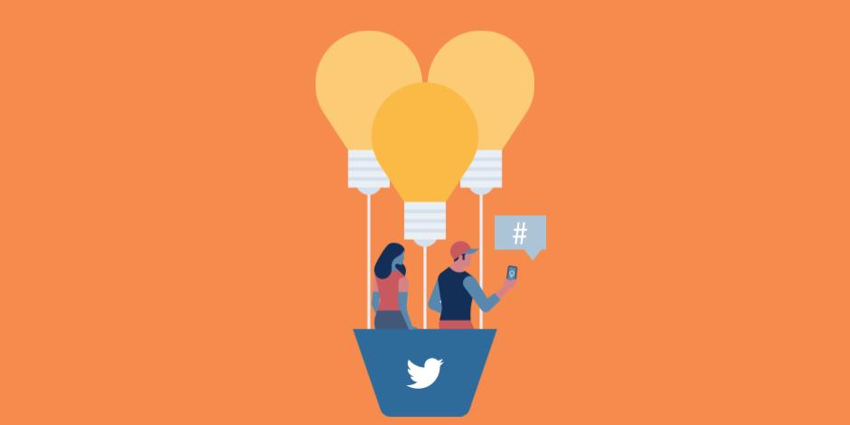 2 people in a hot air balloon with the Twitter logo on it. On person tweets from their phone.