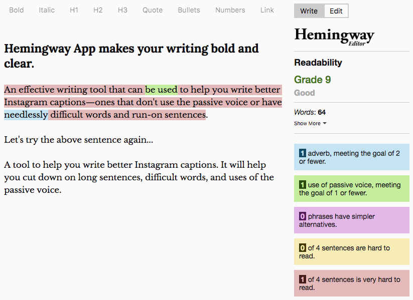 hemmingway app - instagram caption creator