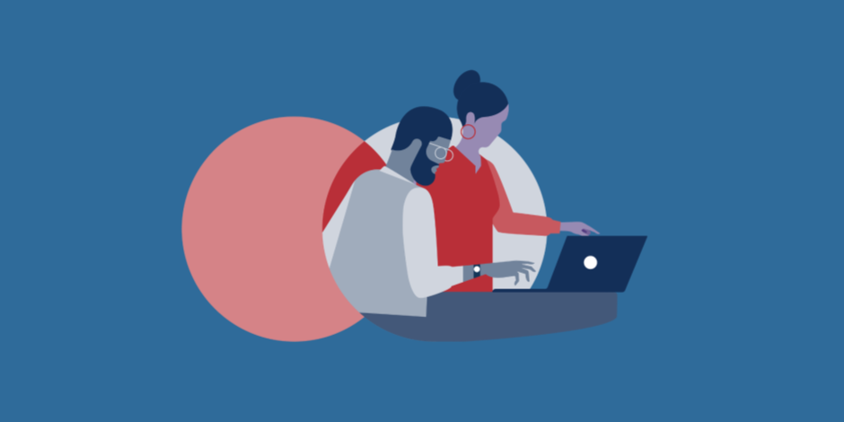 illustration of a man and a woman collaborating over a laptop