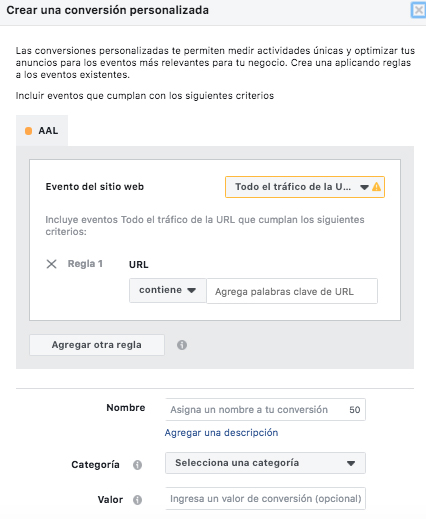 Facebook Pixel - crea una conversión personalizada