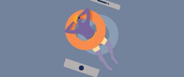 Illustration of a man lying on a pool float atop an iPhone