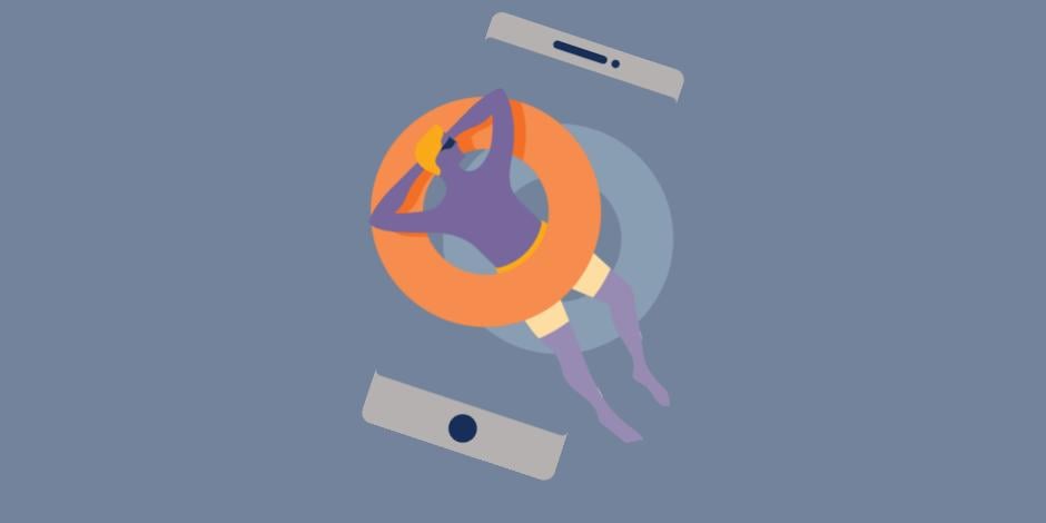 Illustration of a man lying on a pool float atop an iPhone