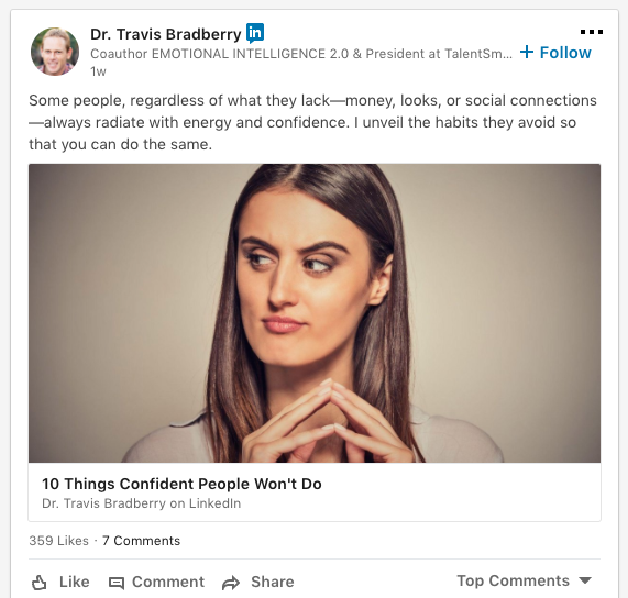 screenshot of Dr. Travis Bradberry's post on LinkedIn