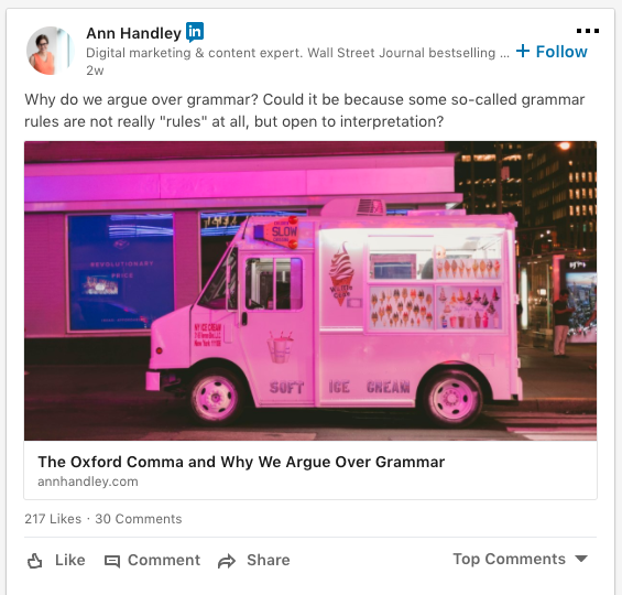 screenshot of an Ann Handley LinkedIn Post