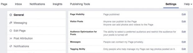 Where to click Settings on your Facebook Page