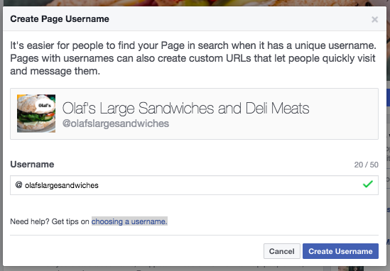 create your username on your Facebook Page