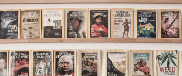 National Geographic magazines on a shelf