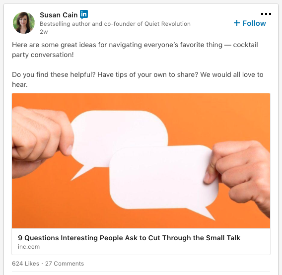 screenshot of a Susan Cain post on Linkedin