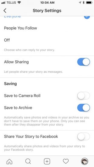 Option pour enregistrer Instagram Story dans les archives