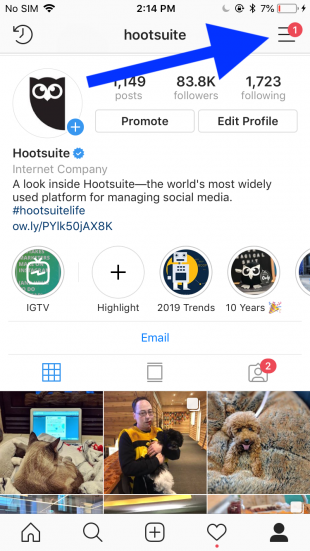 Instagram verification step 2: menu icon