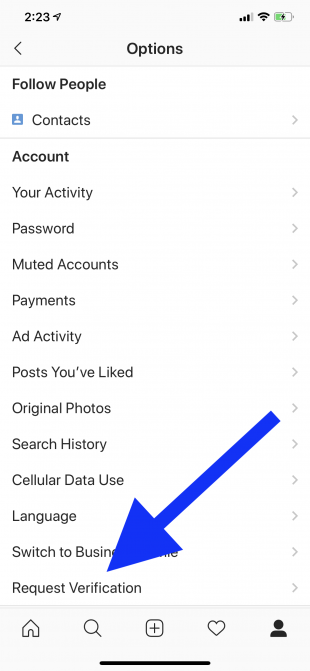 Request verification button on Instagram
