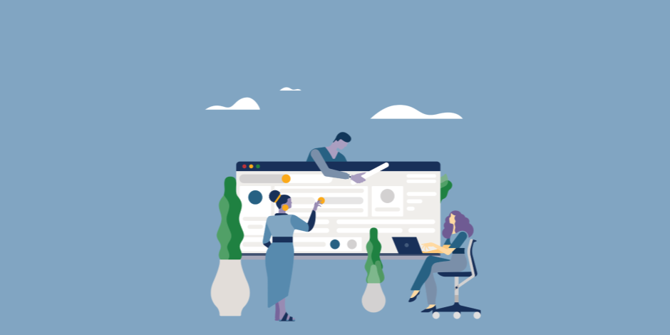 Illustration of three people working on a social media account page performing a social media audit