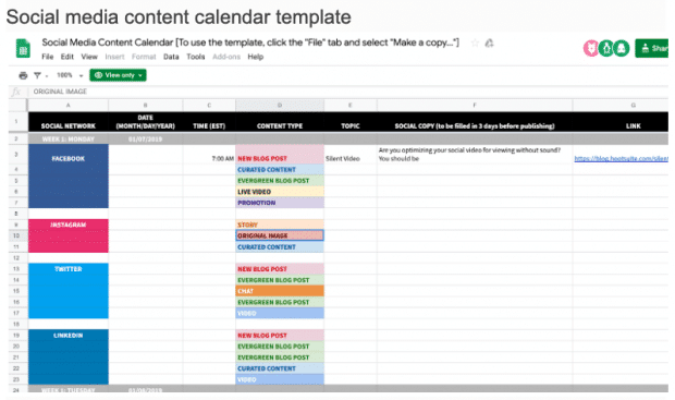 modèle de calendrier de contenu de médias sociaux