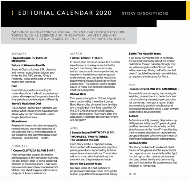 Calendrier éditorial du National Geographic 2020