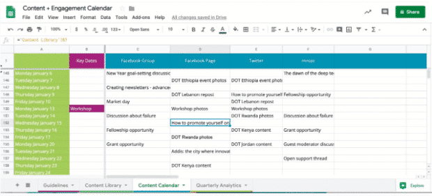 social media content calendar by DOT highlighting Key Dates column