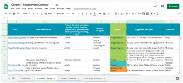 calendrier de contenu de médias sociaux par DOT, onglet bibliothèque de contenu