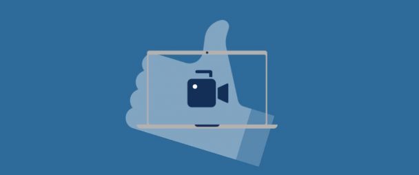 illustration of a laptop with a video camera on the screen, with large Facebook like symbol in the background