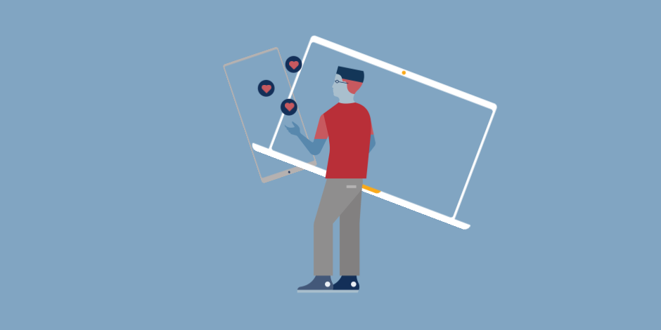 illustration of a man juggling hearts (likes) to represent juggling multiple Instagram accounts