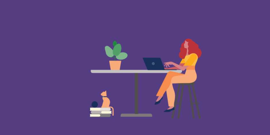 illustration of woman typing on laptop at table, cat sitting on books underneath