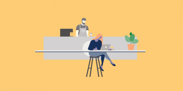 Illustration of a woman on a laptop in a coffee shop