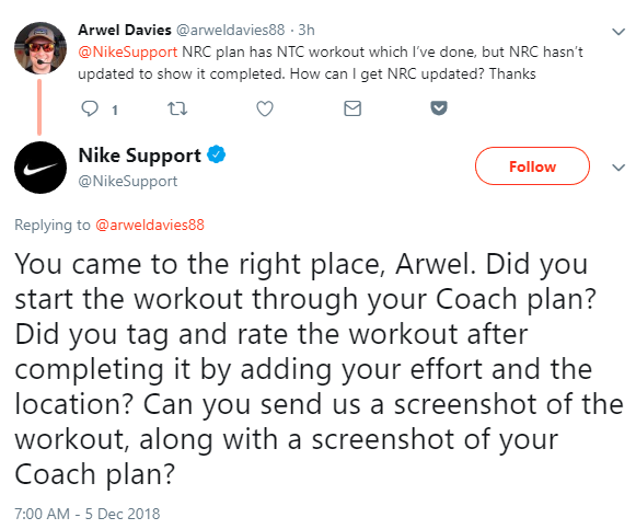 social media enagement: nike customer support tweet