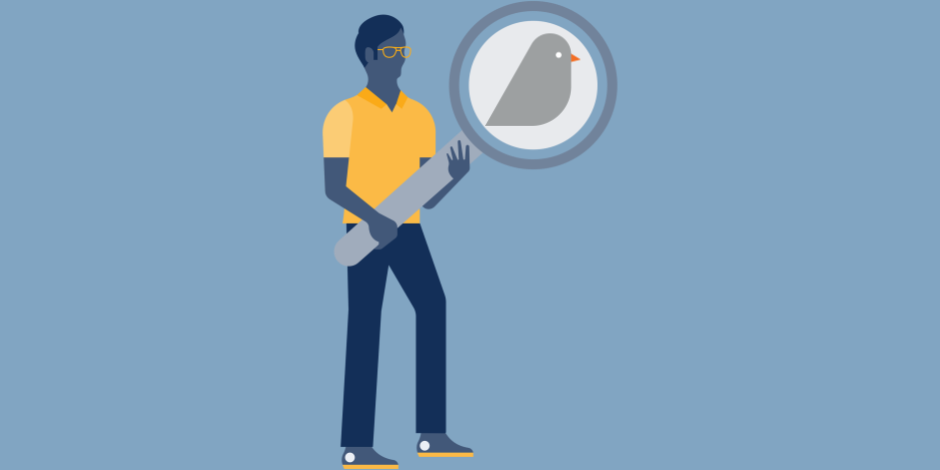 illustration of a man holding a magnifying glass to a bird