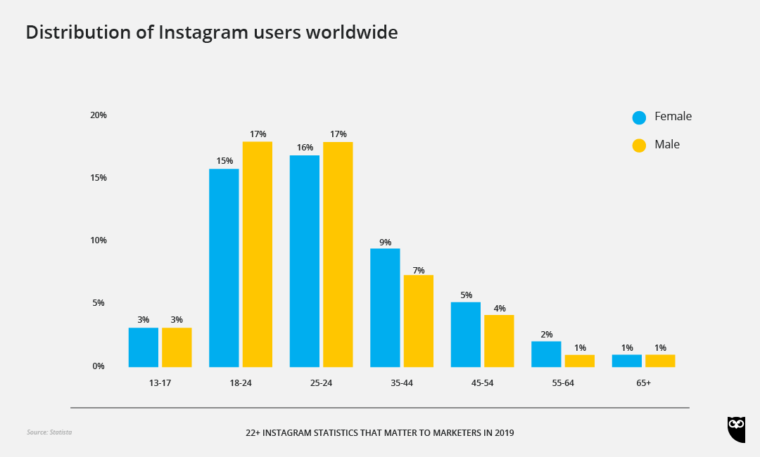 distribution of active instagram users worldwide as of january 2019 sorted by age group and - challenges for instagram followers