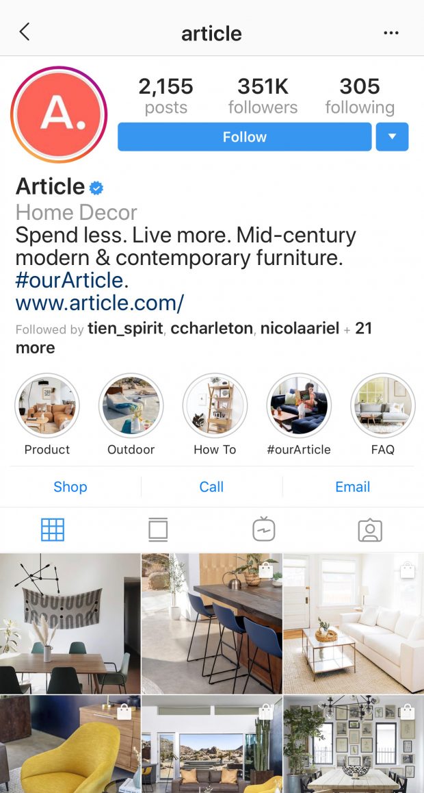 Profil Instagram de la marque de meubles Article avec couvertures Highlight