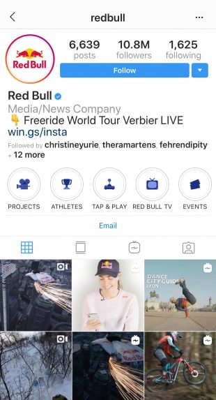 Profil Instagram Red Bull avec icônes Hightlight