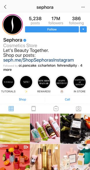 Le profil Instagram de Sephora avec des icônes en surbrillance