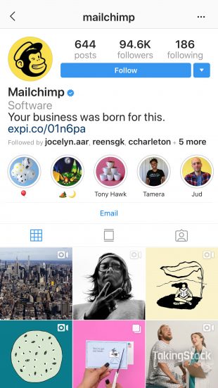 MailChimp Instagram profile with Highlight covers