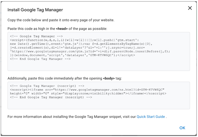 extrait de code pour Google Tag Manager