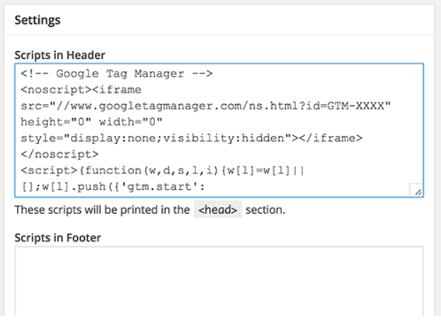 extrait de code collé dans le plugin Insert Headers and Footers pour WordPress