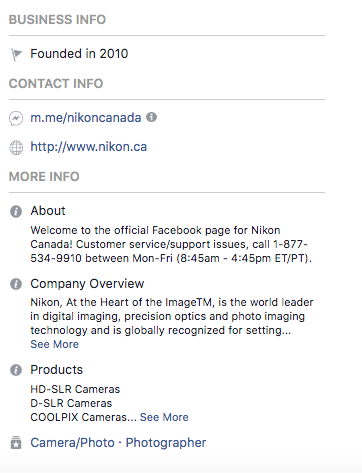 Facebook bio for Nikon