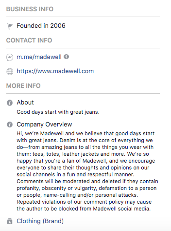 Facebook bio for Madewell