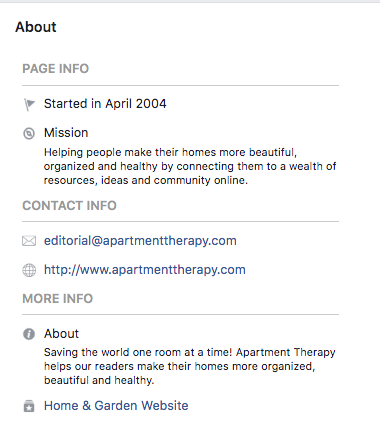 Facebook bio for Apartment Therapy