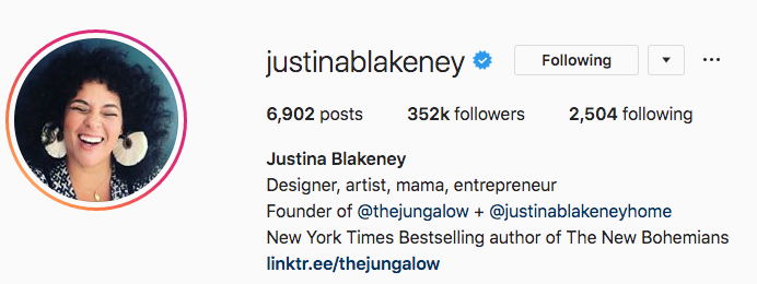 Instagram bio for Justina Blakeney