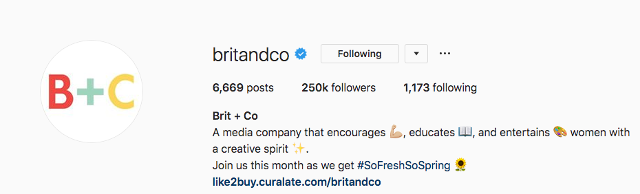 Social Media Bio of Brit and Co.