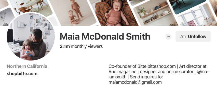 Pinterest bio for Maia McDonald Smith