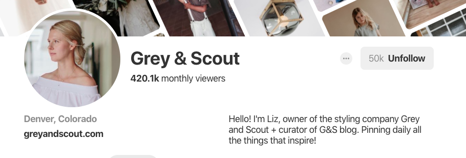 Pinterest bio for Grey & Scout