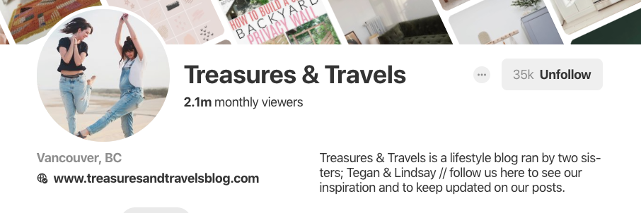 Pinterest bio for Treasures & Travels