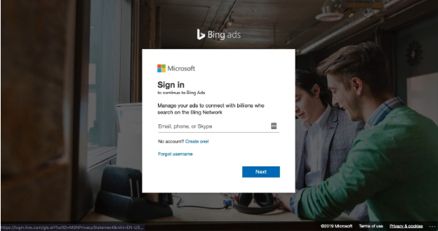 Página de login do Bing Ads