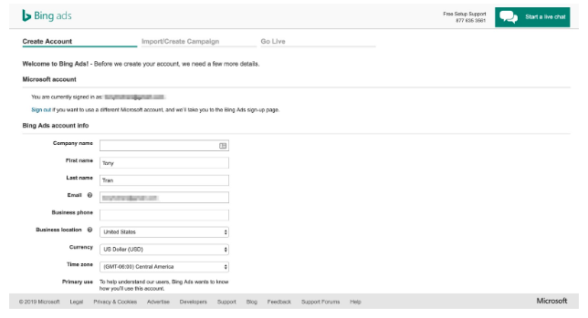 creating an account with Bing Ads