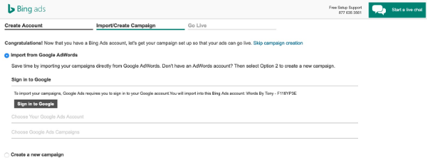 creating a new campaign with Bing Ads