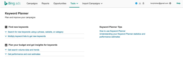 Bing Ads keyword planner