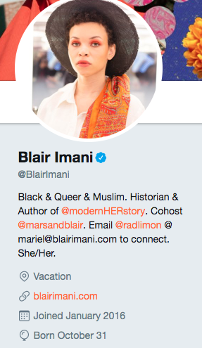 Biographie Twitter sur Blair Imani